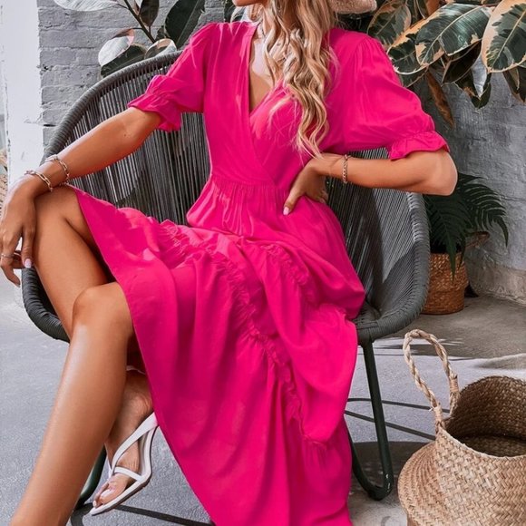 HOT PINK V-Neck Frill Trim Dress - Picture 6 of 7